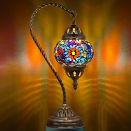 Marrakech Turkish Lamp Moroccan Lamp Mosaic Glass Table Lamp, Handmade Turkish Mosaic Light with Swan Neck Bronze Base Including LED Bulb for Living Room Bedroom Decor (Mosaic Yellow)