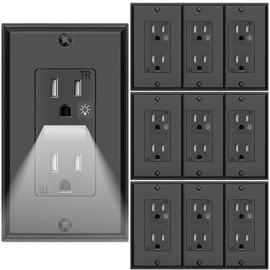 SOZULAMP Night Light Wall Outlets,Electrical Standard Receptacle Outlets with Nightight,15A 125V,2 Pole 3 Wire,Tamper Resistant,Wall Plate Included-10 Pack,Black