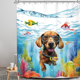 LGhtyro Kids Funny Dog Shower Curtain Bathroom Set 60Wx71H Inches Sea Ocean Hilarious Swimming Cute Animal Underwater Fish Coral Plant Nautical Bath Accessories Boy Art Home Decor Fabric 12 Pack Hooks