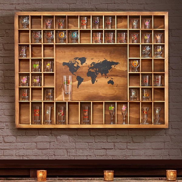 Tristcily Large World Map Shot Glass Display Case 60 Slots