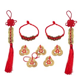 XHBTS 2 Chinese Knot Lucky Coins Feng Shui Coins I-Ching Fortune Coin and 5 Chinese Feng Shui Coins 2 Coins Bracelet for Good Luck and Healthy