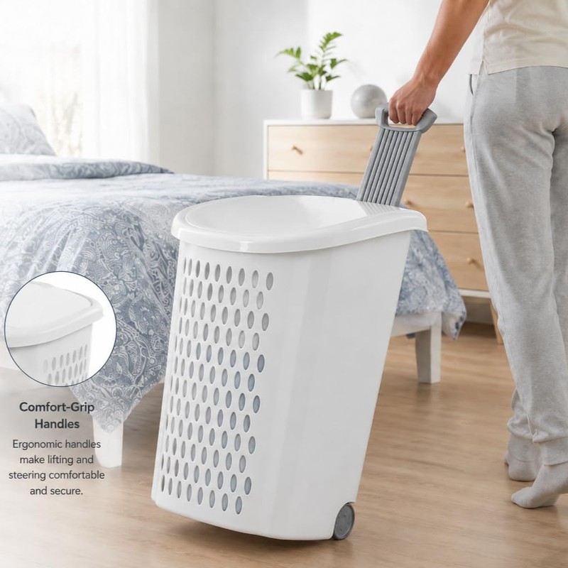Wheeled Laundry Hamper with Handle, 2 Bushel Plastic Rolling Clothes