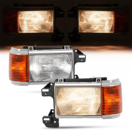 HECASA Pair Headlights Compatible with 1987-1991 Ford Bronco F150 F250 F350 F450 Truck Halogen Headlamp Replacement for E9TZ13008C E9TZ13008D Clear Lens Amber Lens Chrome Housing