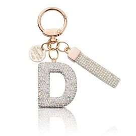 MORSUNBELA Keychain Initial Girls Womens Glitter Keychains Silver Letter Keychains Ring with Letter D