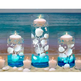 400 Floating Natural White Seashells-White Coral Reef-Aqua Sea Color Gels-Pearls-Fills 4 Gallons of The Transparent Gels for The Floating Effect-with Measured Bags+12 Cool White Fairy Lights