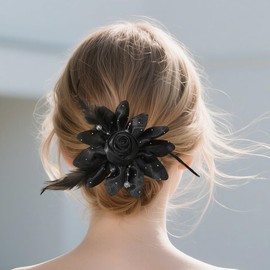 Yheahin Elegant Large Flower Hair Clip with Feather for Women Vintage Stain Tulle Rose Barrette with Beads 1920s Floral Headpiece Hair Accessories for Dance Tea Party (Stain-Black)