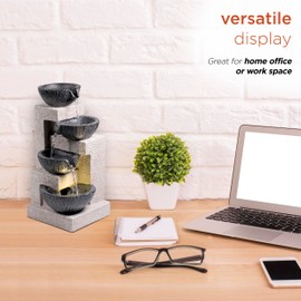 Alpine Corporation WIN1578 14" Cascading Tabletop Bowl Fountain with LED Lights – Elegant Water Fountain for Home, Office, Living Room, Bedroom, and Desk, Gray