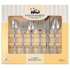 Ginkgo International Panda-Babies Baby to Child Progress Juego de cubiertos de acero inoxidable, 6 piezas                                             