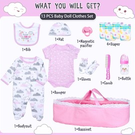 PEDOLLTREE 13 Pcs Reborn Baby Dolls Clothes Girl Accessories Outfit with Pink Dot Bassinet and Diapers Set for 17-22 Inch Reborn Dolls Newborn Baby Girl