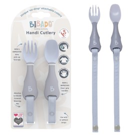 Bibado - Handi Cutlery Set (Mist) - Toddler Cutlery Weaning Set - Baby Spoons & Forks - Use with Coverall Bibs - Detachable Straps - Dishwasher Safe, BPA Free - Baby Essentials - 6 Months to 24 Months
