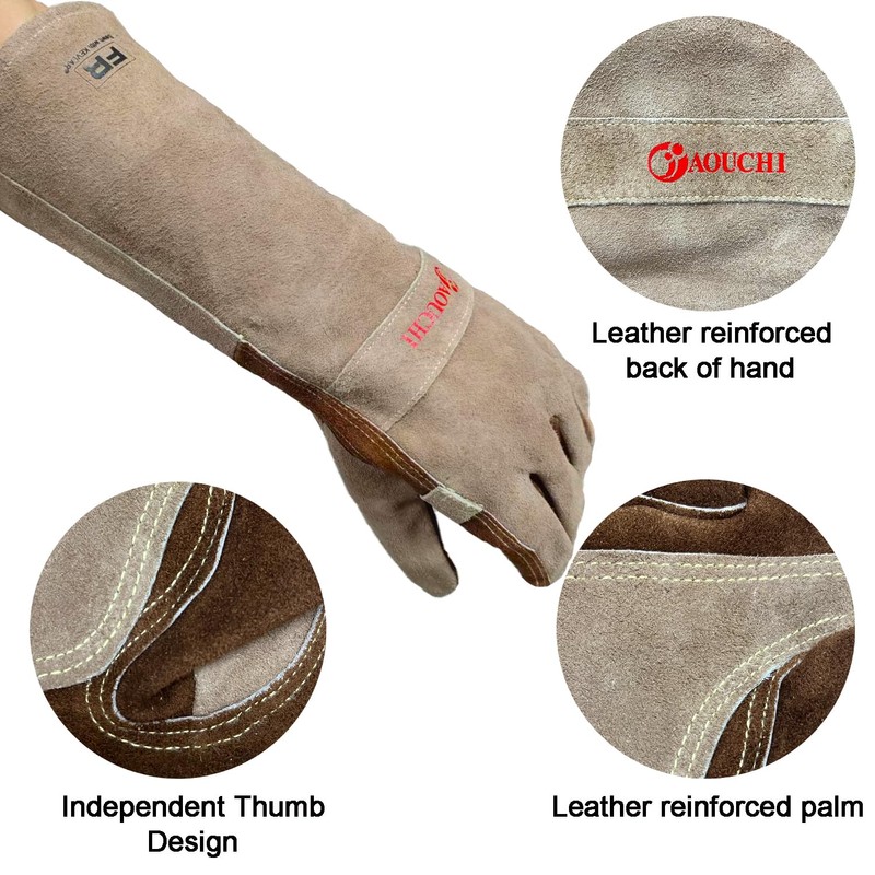AOUCHI Cowhide BBQ Welding Gloves, Long Sleeve Fireproof and Heat