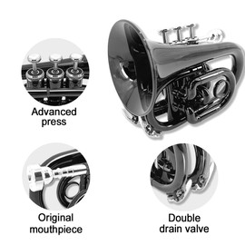 Yinfente Bb Flat Pocket Trumpet Bass Trumpet For Beginner,Student With Cleaning cloth, Silver plated 7C mouthpiece,hard case White gloves (Black)