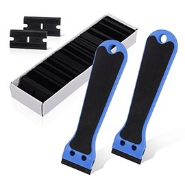 EHDIS 2pcs Plastic Razor Scraper 6-inch Long Handle Adhesive Remover Tool with 100 Double-Edge Blades for Window Tint Vinyl Scraper Decal Sticker Glue Remover (blue)