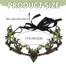 AIMALL Green Leaf Wreath Crown Hair Band with Adjustable Ribbon - Elven Fairy Bride Bridesmaid Headwear for Wedding, Photo Props, and Fantasy-Themed Events