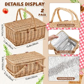 Sintuff 2 Pcs Wicker Picnic Basket with Insulated Cooler Bag Lids Vintage Picnic Hamper with Folding Woven Handle for Camping Summer Outdoor Beach Valentine's Day Party Gift