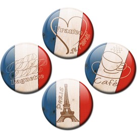 France Flag Magnet with French Lifestyle designs on Holzwandhintergrund Set of 6 Diameter 5 CM with Magnets-Romantic Länderfahnenmotiv Amour pour la France for Magnet Board Pin Board / Magnetic / Memo Board / Whiteboard GUMA Magnets