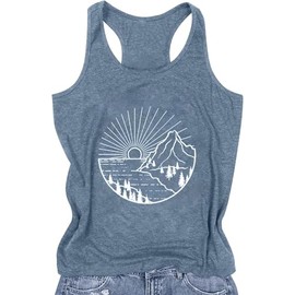 Women Hiking Mountain Tank Tops Nature Sunrise Graphic Printed Hiking Racerback Summer Sleeveless Workout Tee Tops(Light Blue1,XXL)