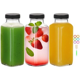 BIGIVACA 12 oz Glass Juice Bottles with Lids,3 PACK Bottles for Juicing,Square Drinking Jars Glass for Coffee,Cola,Milk,Tea in Travel,Work,School