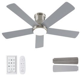 Autoday 42 Inch Low Profile Ceiling Fan with Light, Burshed Nickel Ceiling Fans with Lights and Remote, Flush Mount, 6 Speeds Quiet DC, 3CCT Dimmable, Indoor Outdoor Ceiling Fans for Patios Bedroom