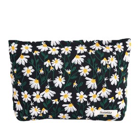 Large Makeup Bag for Women,Travel Cosmetic Bag Floral Make-up Pouch Portable Versatile Zipper Toiletry Storage Bags for Purse,Black Daisy