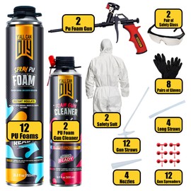 Closed Cell Spray Foam Insulation Kit (12 Pack - 25.3 fl.oz) - Expanding Foam for Thermal & Soundproofing - Including 2 Cleaners, 2 Teflon-Coated Guns, 2 Safety Suits, 2 Safety Glasses and Gloves