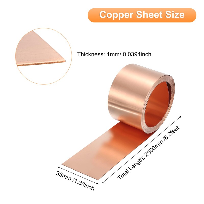 sourcing map Copper Sheet Roll 2500mm x 35mm x 1mm,