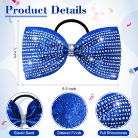 DEEKA Royal Blue Glitter Tailless Cheer Bows 5" Rhinestones Competition Hair Bow Elastic Band for Cheerleading Cheerleaders Girls (Glitter Royal Blue)