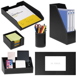 6 Piece Office Supplies/Desk Organizer Set with Desktop Leather Writing Pad,File Paper Tray,Magazine folder Holder, Pen Cup,Sticky Note Holder,Letter Mail Sorter,Workspace Decor for Women Men Black