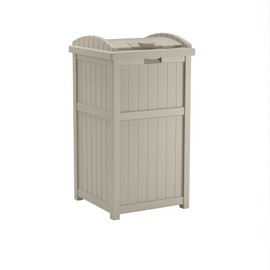 Suncast 33 Gallon Hideaway Trash Can for Patio - Resin Outdoor Trash with Lid - Use in Backyard, Deck, or Patio - Taupe