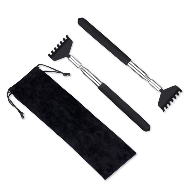 2 Pack Portable Extendable Back Scratcher, Metal Stainless Steel Telescoping Back Scratcher Tool with Carrying Bag (Black)