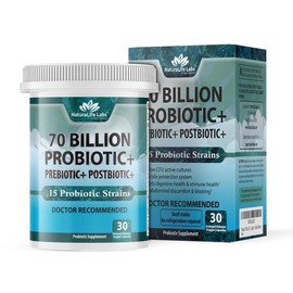 NaturaLife Labs Probiotics 70 Billion CFU – 15 Probiotic strains + Organic Prebiotic+ Postbiotic 3-in-1 Complete – Promotes Healthy Digestive & Immune Function –Gas, Bloating, Constipation Support – for Men & Women