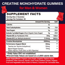 Creatine Monohydrate Gummies for Women & Men, Creatine with Taurine & B6, Chewable Creatina Pre Workout Gummies for Max Strength & Muscle Growth, Energy, Endurance, Creatine for Men & Women - 1 Pack