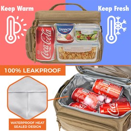 opux Tactical Lunch Box for Men, Tan Mens Insulated Lunch Bag for Adult, Leakproof Soft Lunch Cooler with MOLLE Mesh Side Pockets, Multicam Heavy Duty Lunchbox Pail for Work Women, Medium 10 Cans
