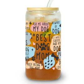 Dog Mom Gifts for Women, Dog Mama 16oz Glass Cup with Bamboo Lid and Straw, Dog Lovers Gifts for Women, Pug Gifts for Pug Lovers - Coffee Glass Cup Ideal for Iced Coffee, Funny Coffee Cup