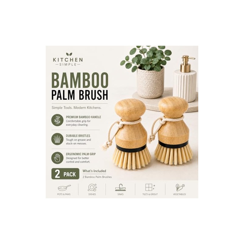 Kitchen Simple Bamboo Palm Brush Set, 2 Pack Dish Scrub