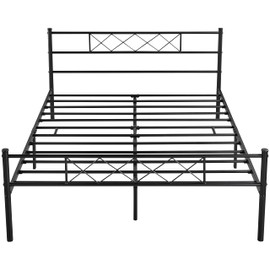 Topeakmart Wrought Iron Queen Bed Frame,Metal Black Platform with Headboard and Footboard,Mattress Foundation,No Box Spring Needed,with Under Bed Storage,Strong Slat Support
