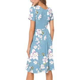 DB MOON Women Summer Casual Short Sleeve Dresses Empire Waist Dress with Pockets (Flower Light Blue, S)