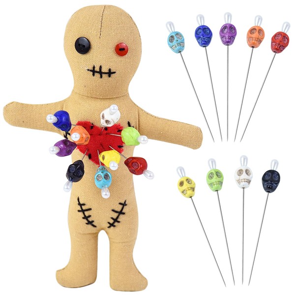 10Pcs Voodoo Doll Kit, Real Voodoo Dolls with 9 Skull Pins Creepy Ghost Doll Revenge Spells Voodoo Doll Relieve Stress Horror Doll for Halloween Christmas Birthday Gift Ornament Decoration (Yellow)