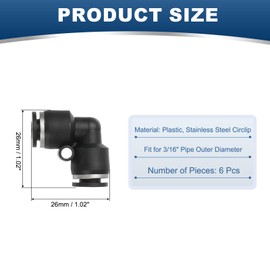 PATIKIL Pack of 6 Elbow Connectors, Push-to-Connect, 3/16 Inch OD Pipe Reducer Connector, Quick Release Adapter, Air Hose Connector for Pneumatics, Black