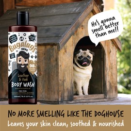BUGALUGS BUGALUGS Mens Shower Gel 500ml, Natural Body Wash for Men for Sensitive Skin packed with essential oils & made with Lake District Water. Now smell better than your Dog (Leather & Oud)