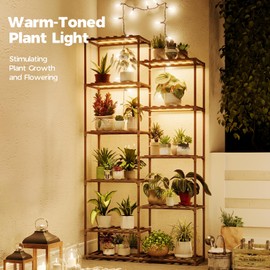Banworld Tall Plant Stand with Grow Lights Large Indoor Plant Shelf for Multiple Plants Pots Wood Flower Stand Flower Holder for Living Room, Patio, Balcony, Garden Decor, Brown