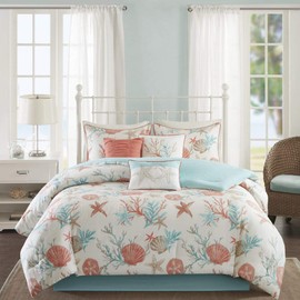 DP 7pc White Aqua Blue Coral Pink Beach Comforter Queen Set, Cotton, Starfish Bedding Sea Shells Ocean Themed Coastal Hawaii Tropical Under Water Pattern Nautical Cottage