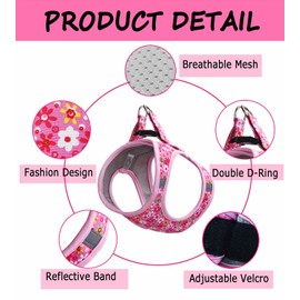 Moonpet Step in Air Dog Harness Leash Set- All Weather Reflective No-Pull Floral Pattern Padded Mesh Vest Harness for Cats Puppy Extra-Small Small Medium Large Dogs - Pink Flower - M