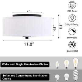 Lodstob 2-Light Flush Mount Ceiling Light Fixture, 12” Modern Close to Ceiling Light with White Fabric Linen Drum Shade, Round Ceiling Light for Bedroom Hallway Living Room Bathroom Dining Kitchen