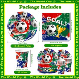Cheukka Set di stoviglie per la festa dei Mondiali 2026 per 16 ospiti, set di 52 piatti di carta a tema calcio, decorazione per la festa dei Mondiali 2026, piatti di carta, tovaglioli e bicchieri a