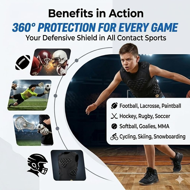 Dialudon Youth Boys Football Padded Compression Shirt Rib Chest Shoulder