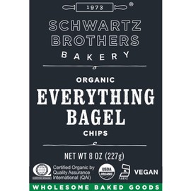 Everything Bagel Chips NY Style Bagel Crisps. Organic, Vegan, Kosher. From the artisans of Schwartz Brothers Bakery. Baked Fresh. Twice Baked. 8 ounce container. Great Snack. Delicious. Pack of 2.