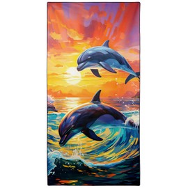 Violetpos Dolphin Beach Towel 90 x 180 cm Quick Drying Bath Towel Sand-Free Sunset Towel Animals Beach Towel Waves Beach Towels Large Bath Towel Portable Towels Lightweight and Thin