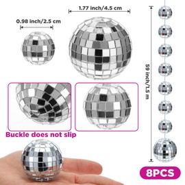 8 Packs Disco Party Decorations Mini Disco Ball Hanging Ornaments Silver Hanging Reflective Mirror Ball for 70s 80s Hippie Bachelorette Birthday Wedding Christmas Party Supplies(1 Inch, 1.77 Inch)