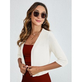 Heymoments Women's Thin Shrugs for Dresses White Large Open Front Knit 3/4 Sleeve Lightweight Coat Cropped Tops Shawls and Wraps Cardigan Dressy Sweater Clothes